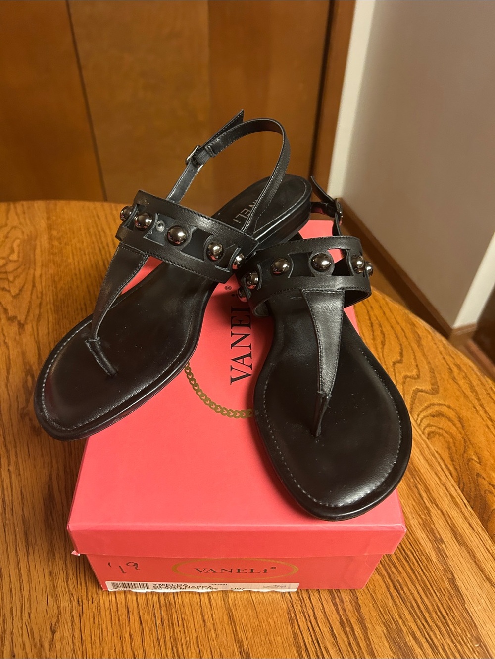 Vaneli Black Leather Studded T-Strap Sandals